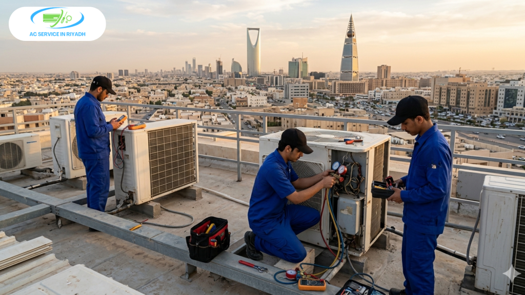 Three technicians in blue uniforms and black caps repairing rooftop AC units with the Riyadh skyline and Kingdom Centre in the background.