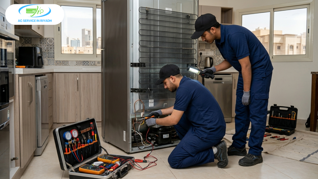 Two technicians in blue uniforms repairing a refrigerator in a Riyadh kitchen.