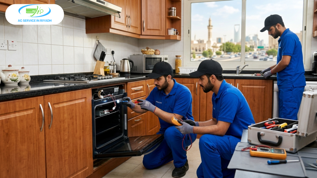 Professional technicians in blue uniforms repairing a built-in kitchen oven in Riyadh.