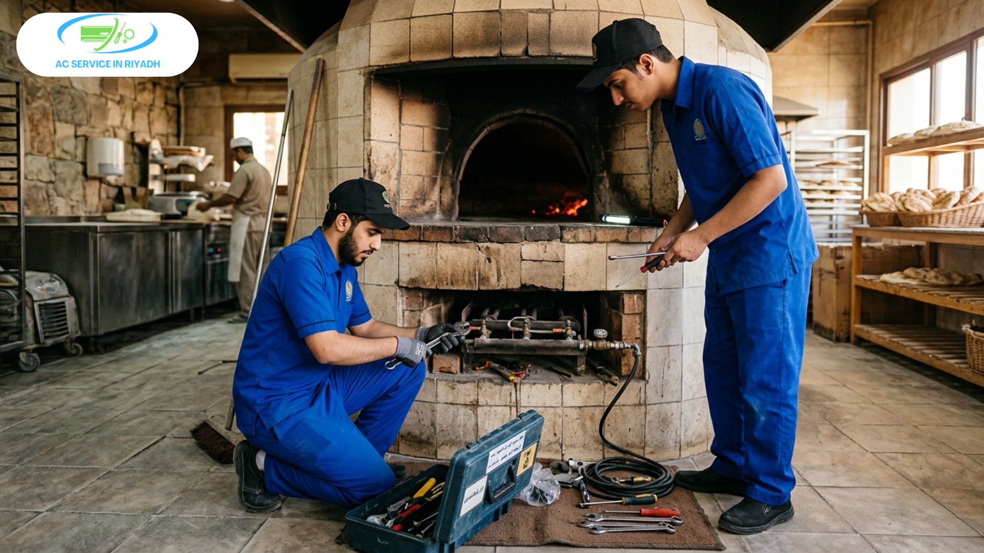 Professional technicians in blue uniforms repairing a large commercial brick oven in Riyadh.