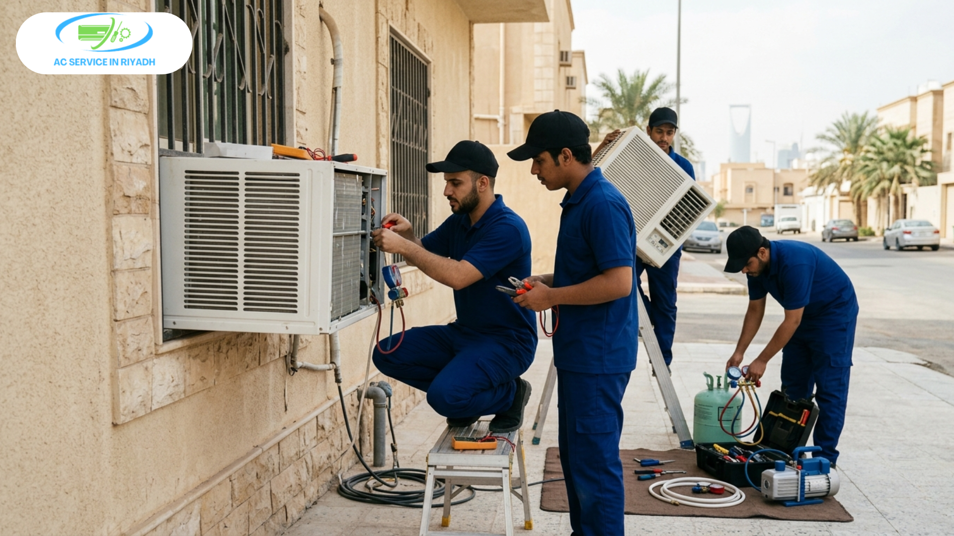 Young repair team in blue uniforms and black caps fixing a window AC unit on a residential building street in Riyadh.