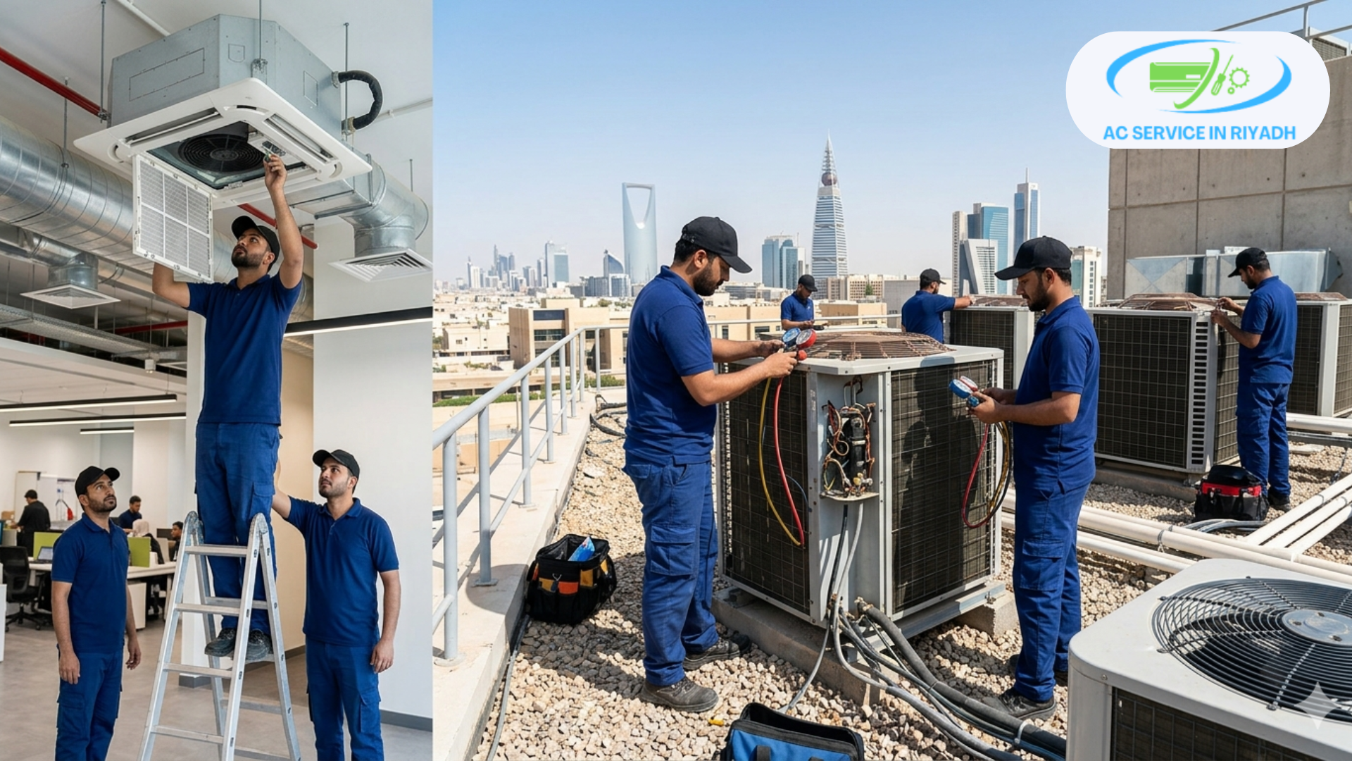Professional central AC maintenance team in Riyadh performing indoor cassette unit repair and outdoor rooftop HVAC servicing.