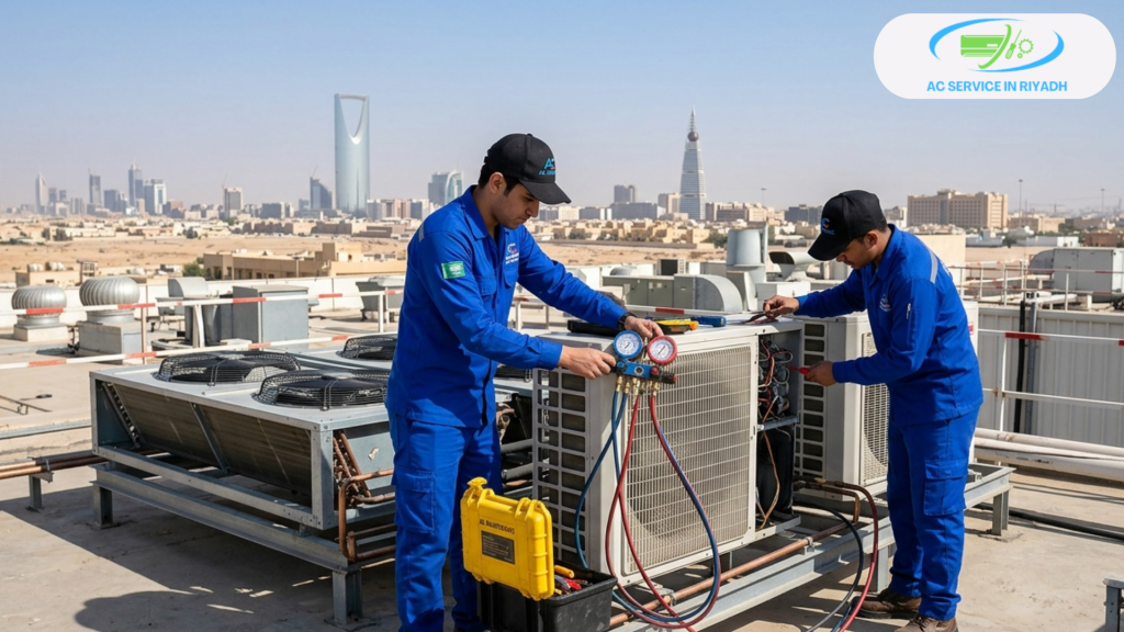 Two technicians in blue uniforms and black caps performing maintenance on a commercial AC unit on a rooftop with the Riyadh skyline and Kingdom Centre in the background.