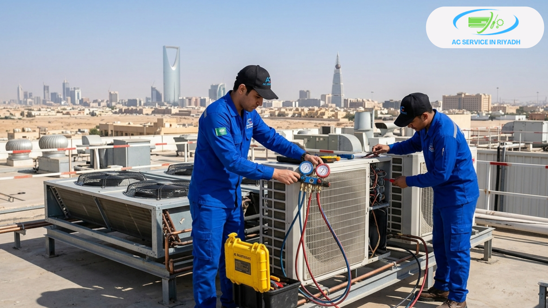 Two technicians in blue uniforms and black caps performing maintenance on a commercial AC unit on a rooftop with the Riyadh skyline and Kingdom Centre in the background.